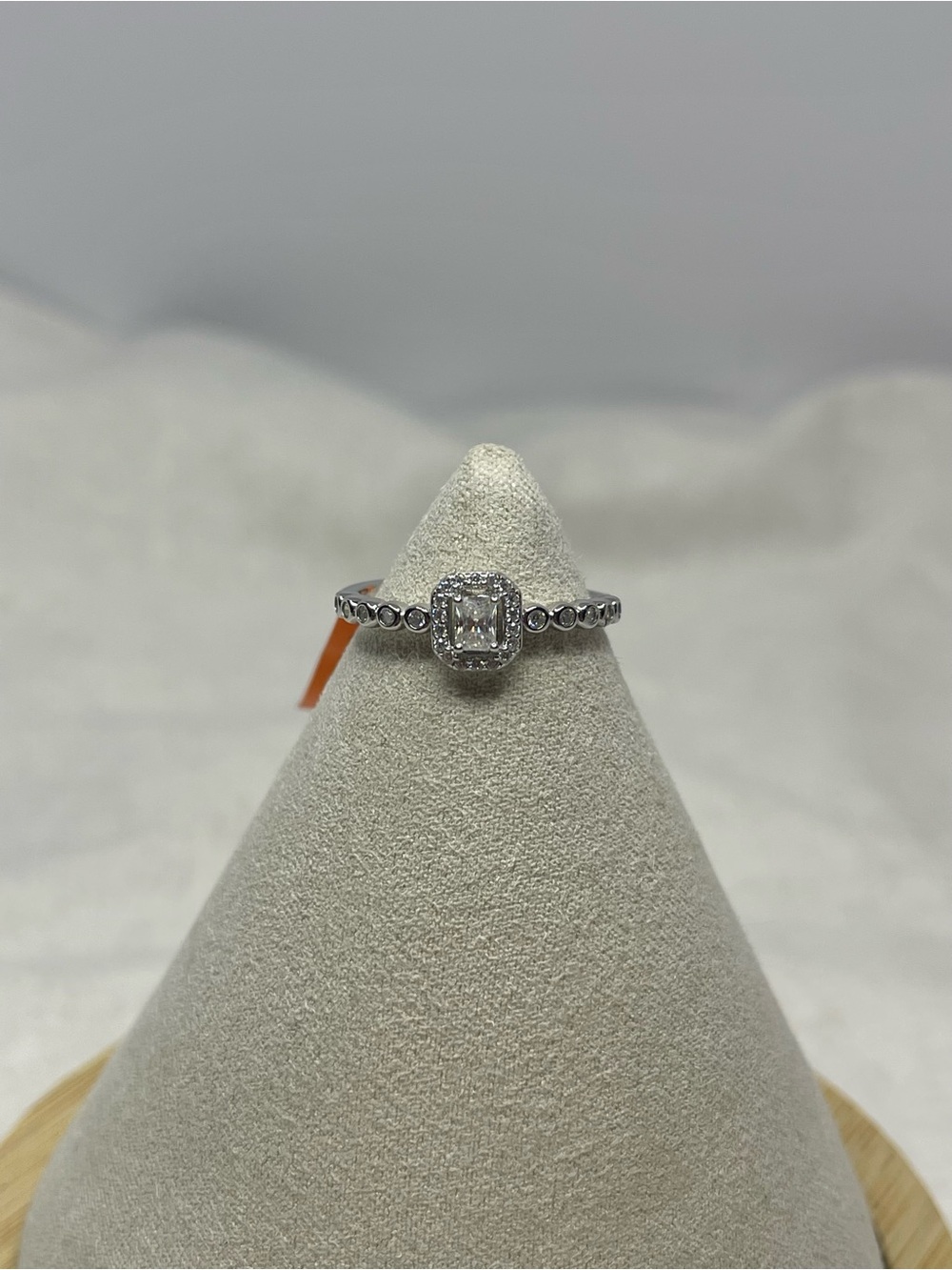 Sterling Silver Halo Emerald-Cut Ring with Moissanite